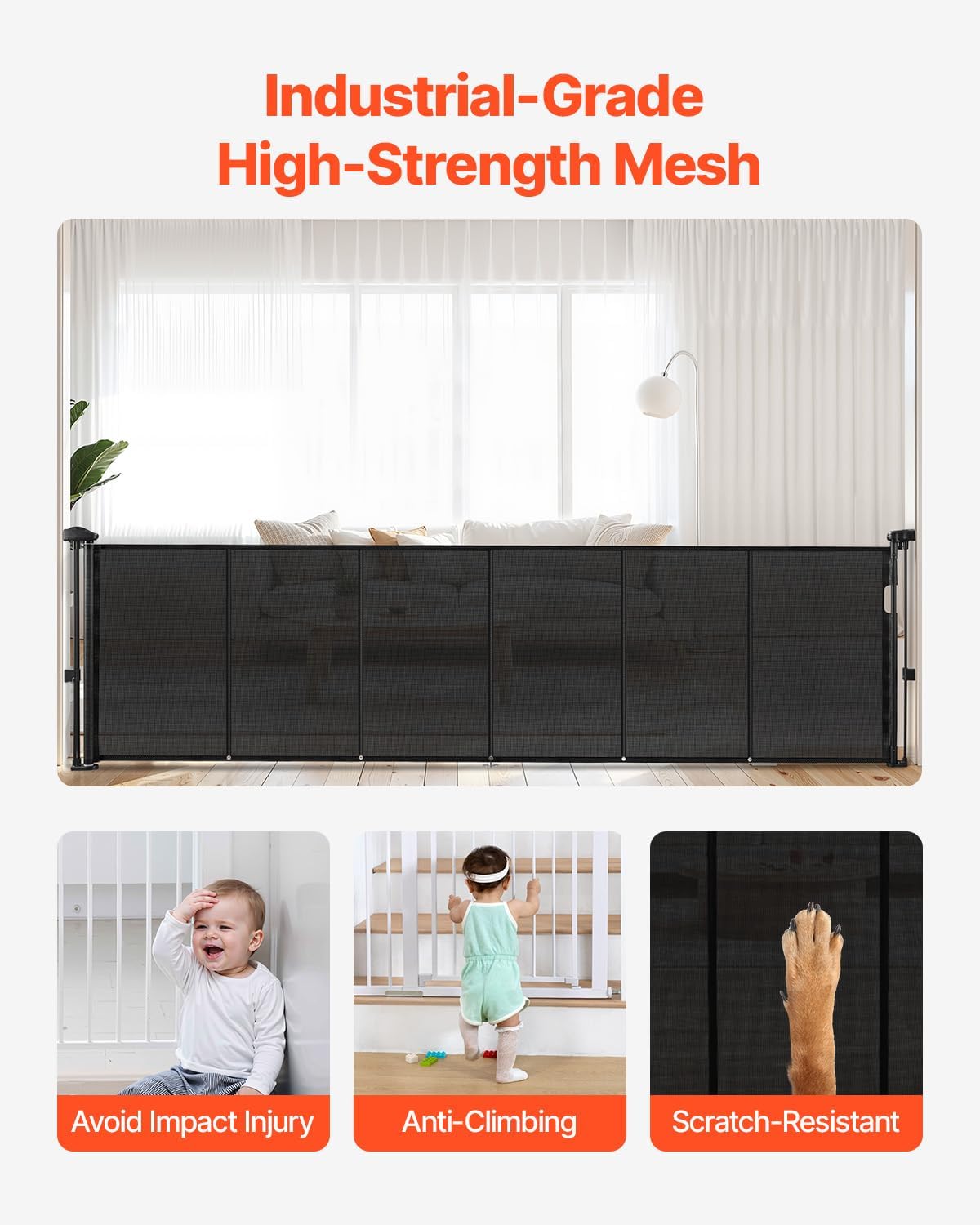 VEVOR Retractable Baby Gate, 34 inch Tall, Extends up to 71 inch Wide, Retractable Gate for Kids or Pets, Mesh Material, Easy to Install for Indoor Stairs, Doorways, Hallways, Playrooms, Gray
