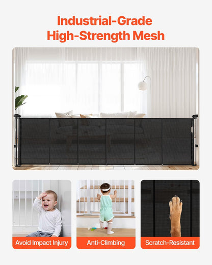 VEVOR Retractable Baby Gate, 34 inch Tall, Extends up to 71 inch Wide, Retractable Gate for Kids or Pets, Mesh Material, Easy to Install for Indoor Stairs, Doorways, Hallways, Playrooms, Gray
