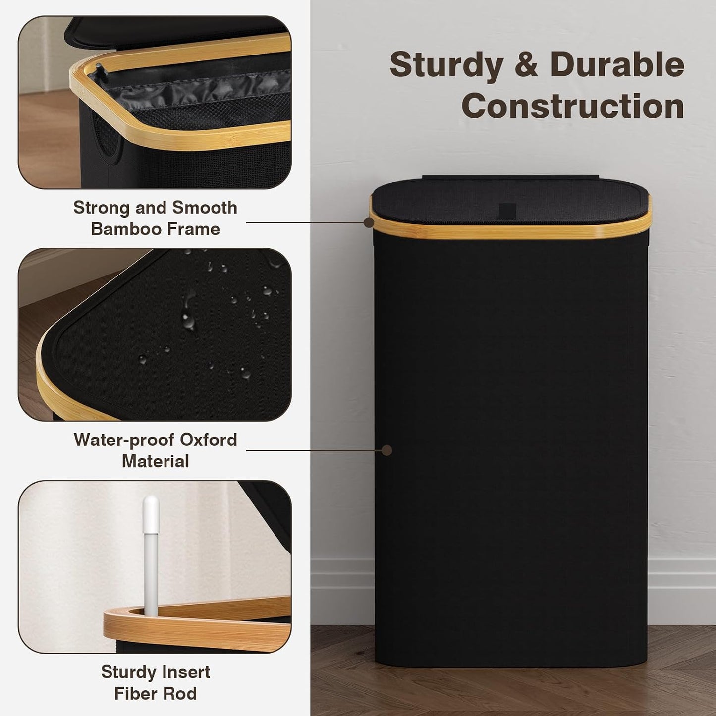 160L Laundry Hamper with Lid, 3 Section Laundry Basket with 3 Removable Bag | Clothes Hampers for Laundry with Bamboo Frame Handle, Large Dirty Clothes Hamper for Laundry Room, Bathroom, Bedroom, Black