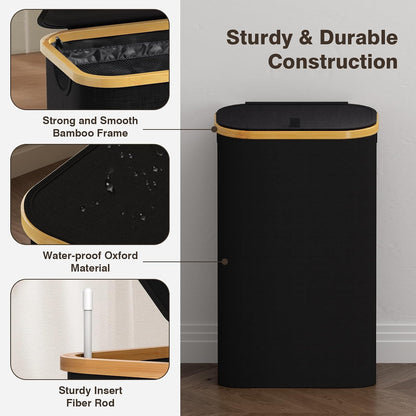 160L Laundry Hamper with Lid, 3 Section Laundry Basket with 3 Removable Bag | Clothes Hampers for Laundry with Bamboo Frame Handle, Large Dirty Clothes Hamper for Laundry Room, Bathroom, Bedroom, Black