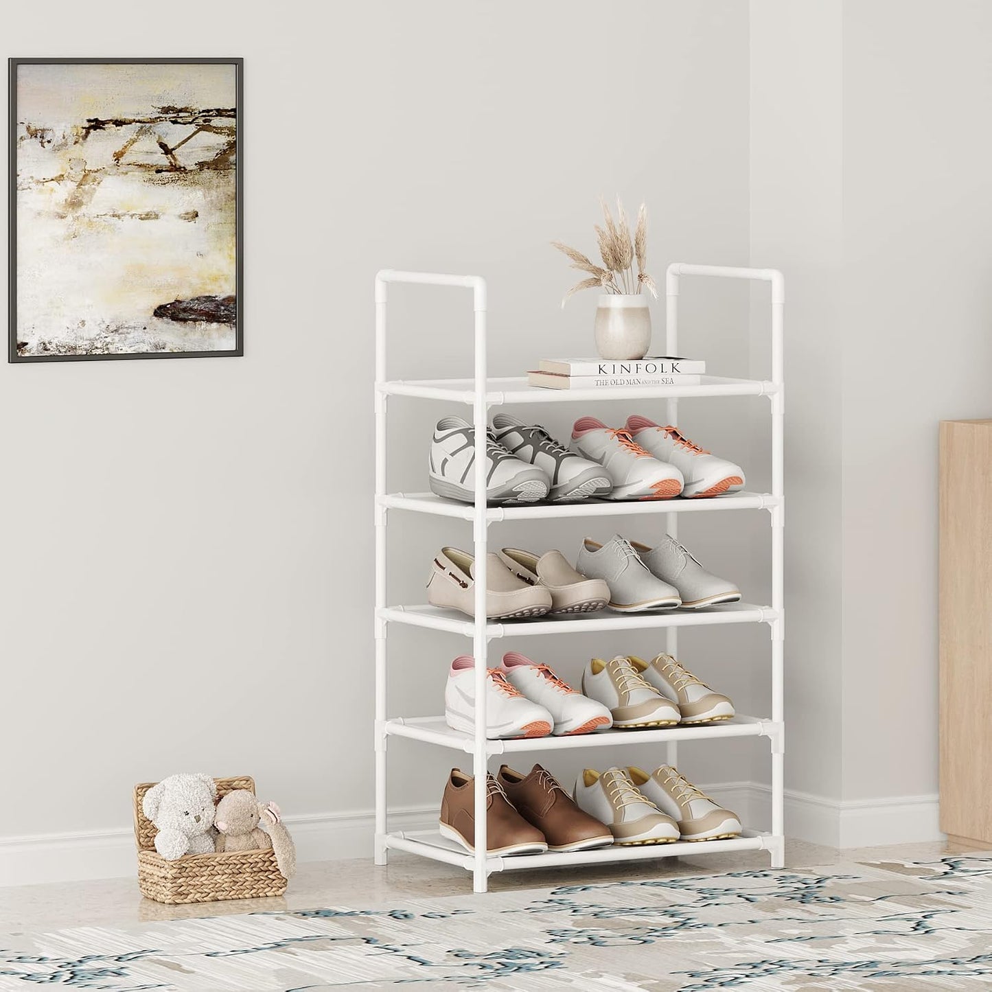 Small Shoe Rack 6-8 Pairs Sturdy Shoe Shelf 4-Tiers Narrow Stackable Shoe Organizer,Lightweight Kids Shoe Racks for Entryway, Doorway and Closet（Black）