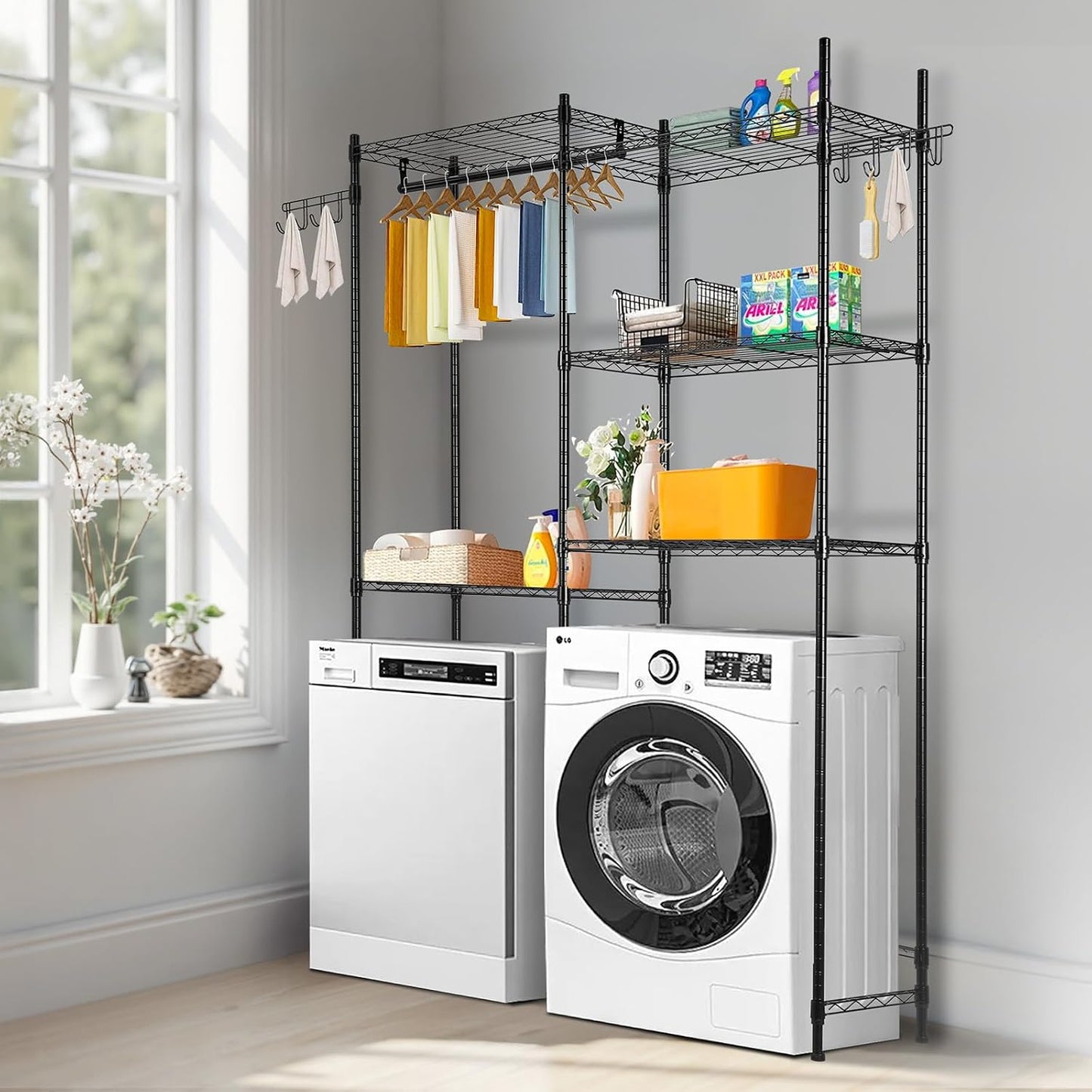 VEVOR Over Washer and Dryer Storage Shelves, 6 Tiers Laundry Room Drying Rack with Hanger Rod and Hooks, Two Rows Adjustable Washer Shelves Space Saver, for Laundry Room Storage & Organization, Black