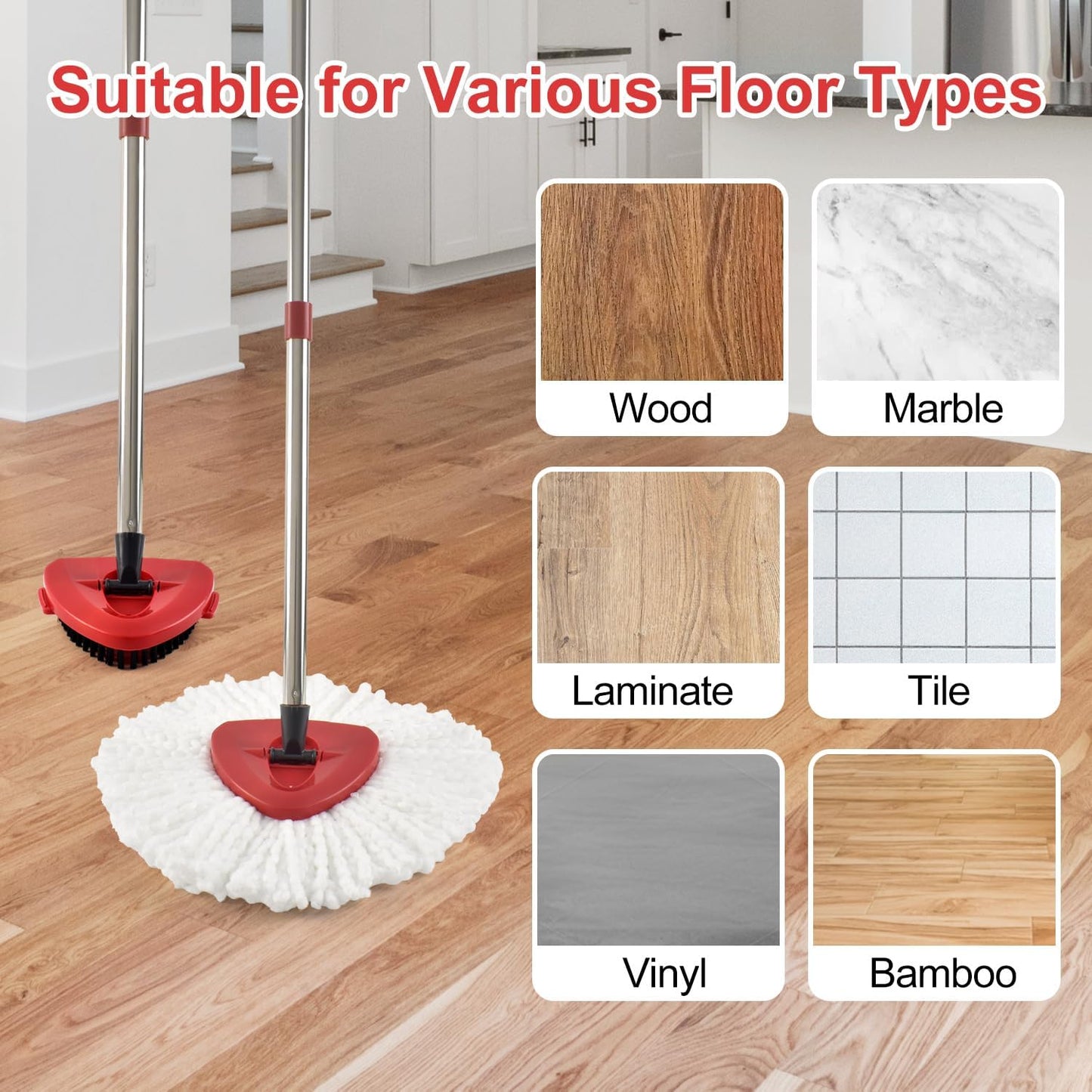 Mop Replace Heads Mop Handle and Base Replacement for O Cedar EasyWring 1-Tank Spin Mop System, 2 Microfiber Mops Refills, 4-Section Iron Mop Handle 30-58Inch and 1 Mopping Heads Cover Set (No Bucket)