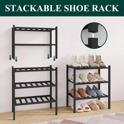 Smiry Bamboo Shoe Rack for Closet, 3 Tier Wooden Shoe Organizer, Stackable Wood Shoe Storage Shelf for Entryway, 14 Vertical Slats, One-piece Heavy-Duty Legs, 26.77"x11.02"x18.31", Natural