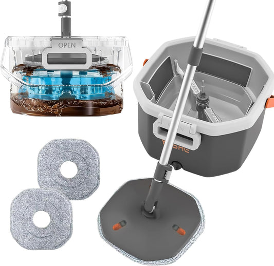 YASHE Spin Mop and Bucket System with True Clean Water Separation, Innovative Detachable Inner Clean Water Bucket for Easy Rinsing, Hands-Free Wringing Floor Mop with 2 Washable Microfiber Pads
