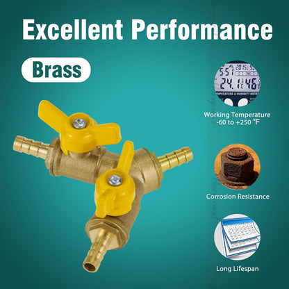 brass 3/4 inch O.D. barb three way shut off ball valve for gas hose air water pvc pex garden tubing fuel line, tee switch splitter fitting