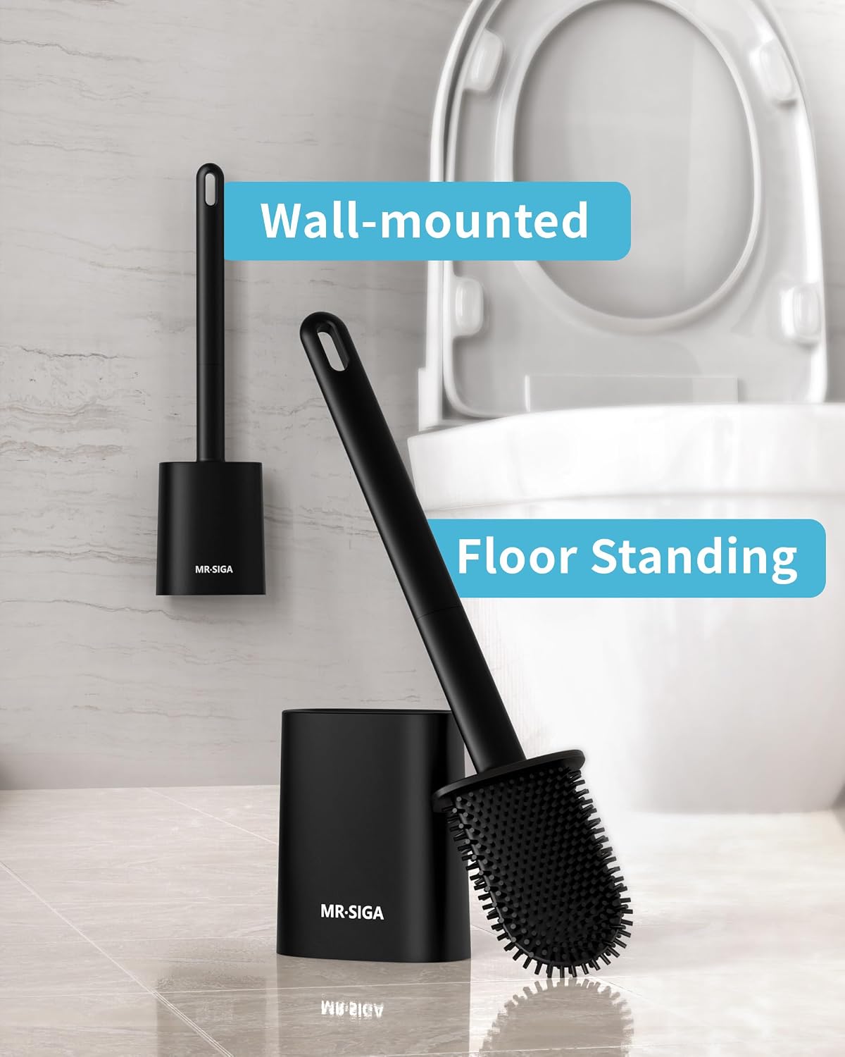 MR.SIGA Toilet Brush and Holder Set, Wall Mounted Toilet Bowl Brush, Compact Toilet Scrub Brush with Holder for Bathroom, White, 2 Pack