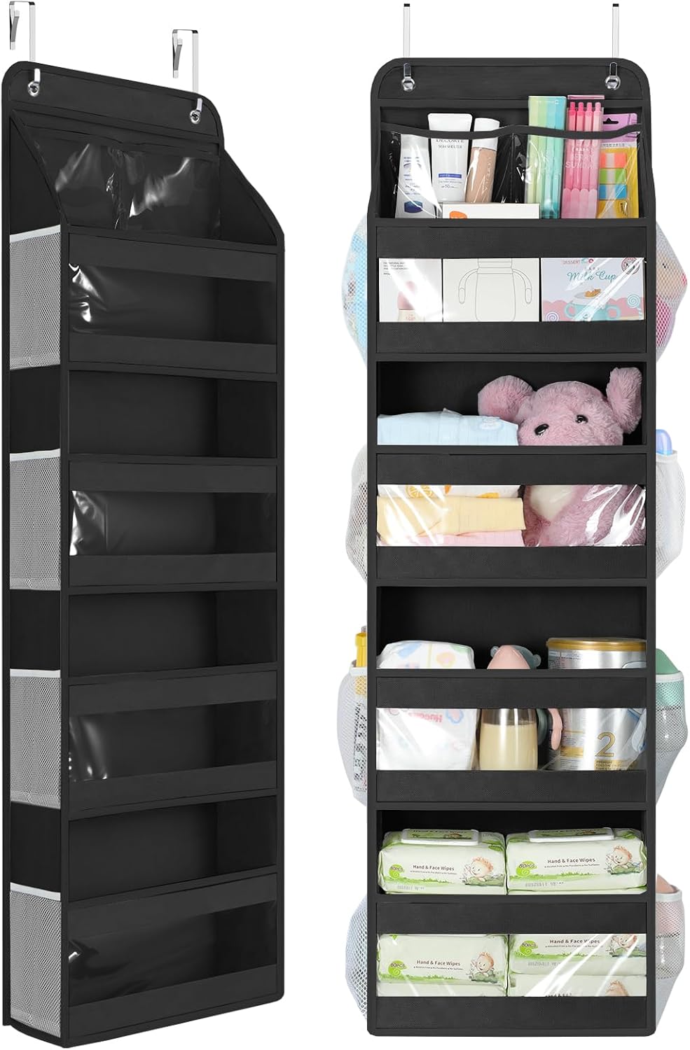 Yecaye 5 Tier Over the Door Organizer, Swing-proof Door Organizer Hanging with Clear PVC Windows, Behind the Door Storage for Bedroom Nursery Closet Laundry Pantry Bathroom, Grey