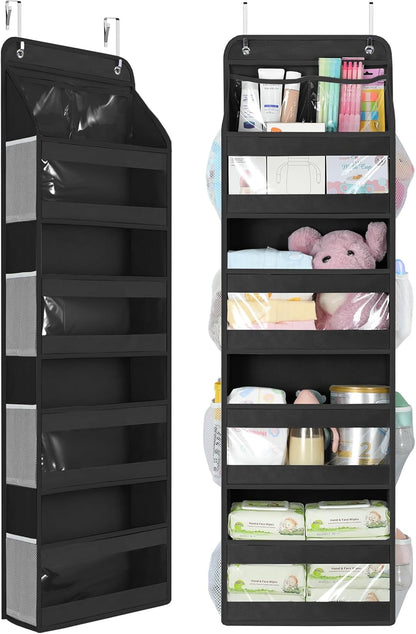 Yecaye 5 Tier Over the Door Organizer, Swing-proof Door Organizer Hanging with Clear PVC Windows, Behind the Door Storage for Bedroom Nursery Closet Laundry Pantry Bathroom, Grey