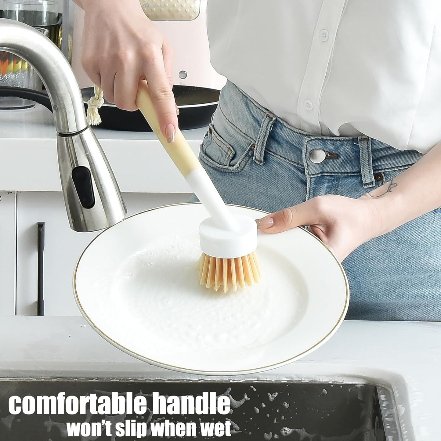 ALINK Dish Brush with Handle and 3 Replacement Heads, Pot and Pan Cleaning Scrub Brush for Kitchen, Sink, Stove, Cast Iron Scrubber