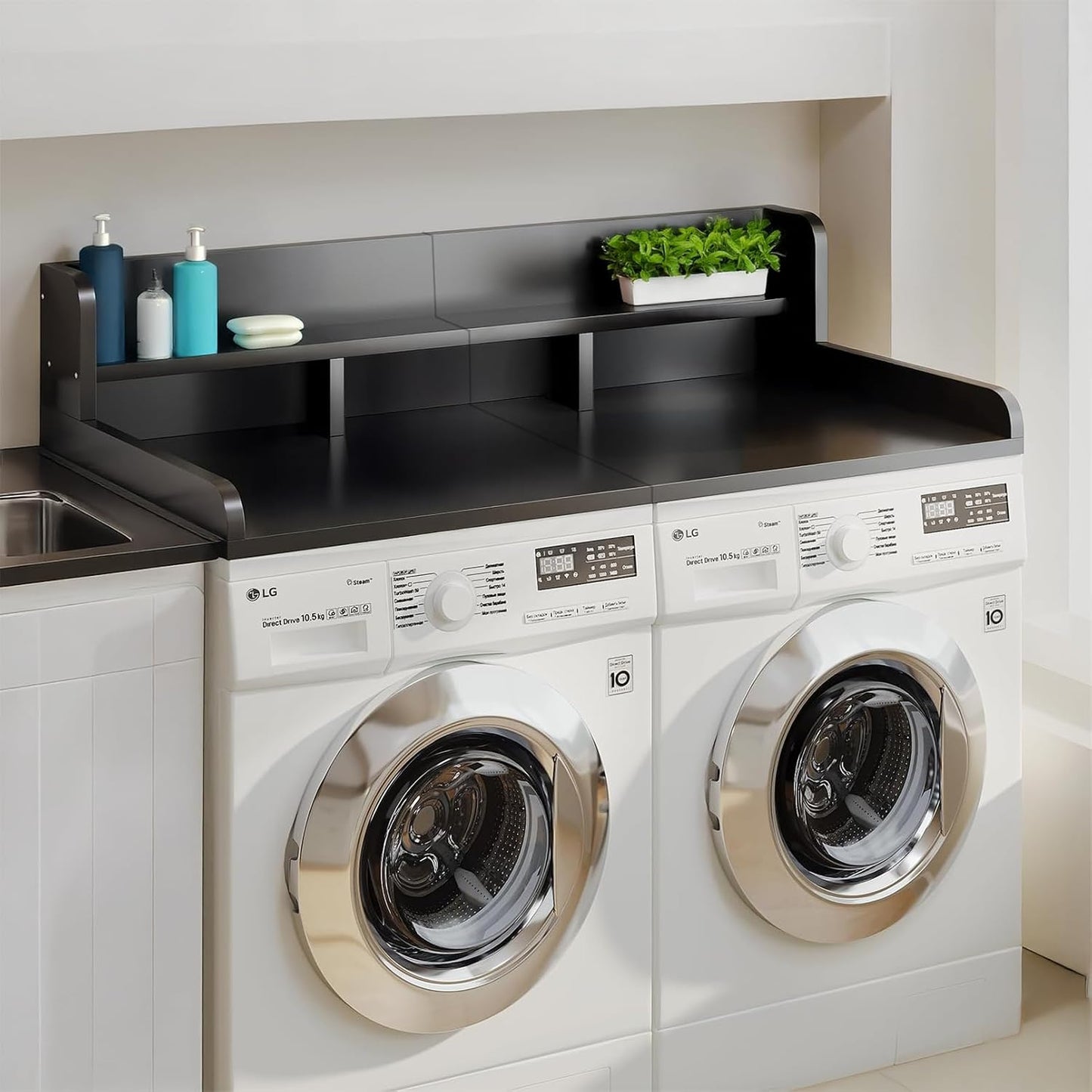 54" 2 Tier Washer Dryer Countertop with Storage Shelf, Waterproof MDF Laundry Room Organizer, Folding Station, Mechanically Joined Two-Panel Countertop (Walnut Brown)