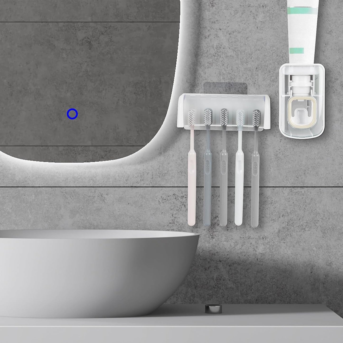 5 Slots Wall Mount Toothbrush Holder with Cover, Self Adhesive Toothbrush Storage Organizer for Shower, Toothbrush Hanger with Automatic Toothpaste Squeezer Dispenser