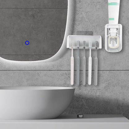 5 Slots Wall Mount Toothbrush Holder with Cover, Self Adhesive Toothbrush Storage Organizer for Shower, Toothbrush Hanger with Automatic Toothpaste Squeezer Dispenser