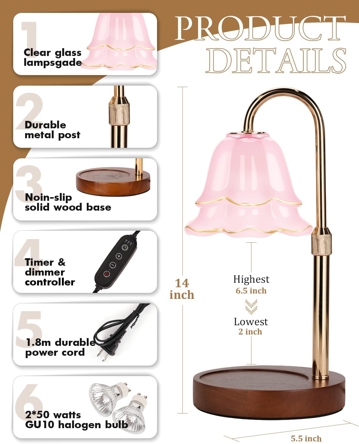 Funistree Flower Candle Warmer Lamp with Timer & Dimmer, Adjustable Height Candle Warmer, Christmas Birthday Gifts for Women Mom, House Warming New Home Decor, Wax Warmer with 2 Bulbs for Jar Candles