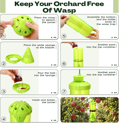 4 Pack Outdoor Yellowjacket Wasp Traps with 8 Pack Natural Bait Refills Lure Reusable Hanging Carpenter Bee and Hornet Catcher Green Bee Trap 24 Week Attractant Refills Wasp Catcher Outside