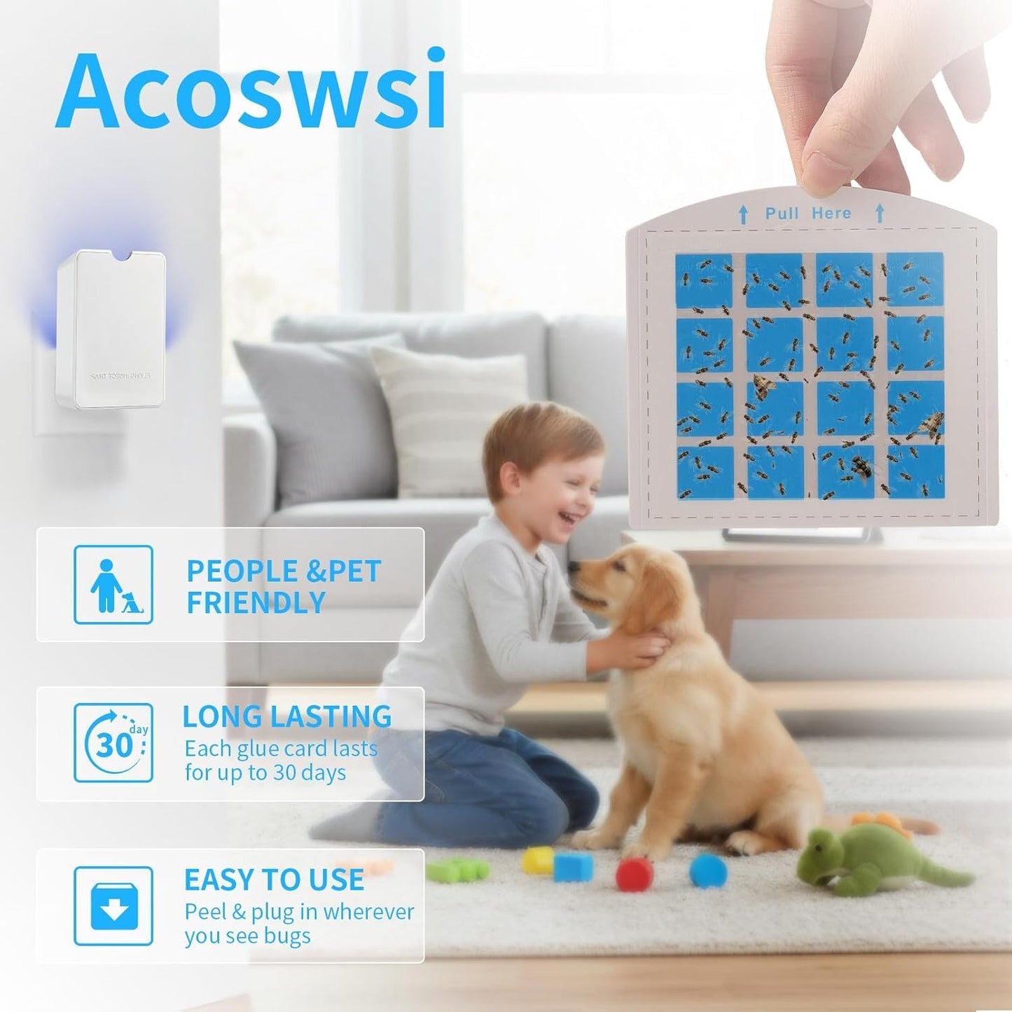 Indoor Fly Trap Plug in, Flying Insect Trap with Blue UV Light, Fruit Fly & Gnat Trap for Indoors, Mess-Free Bug Catcher for Home, 1 Device + 5 Refill Glue Cards