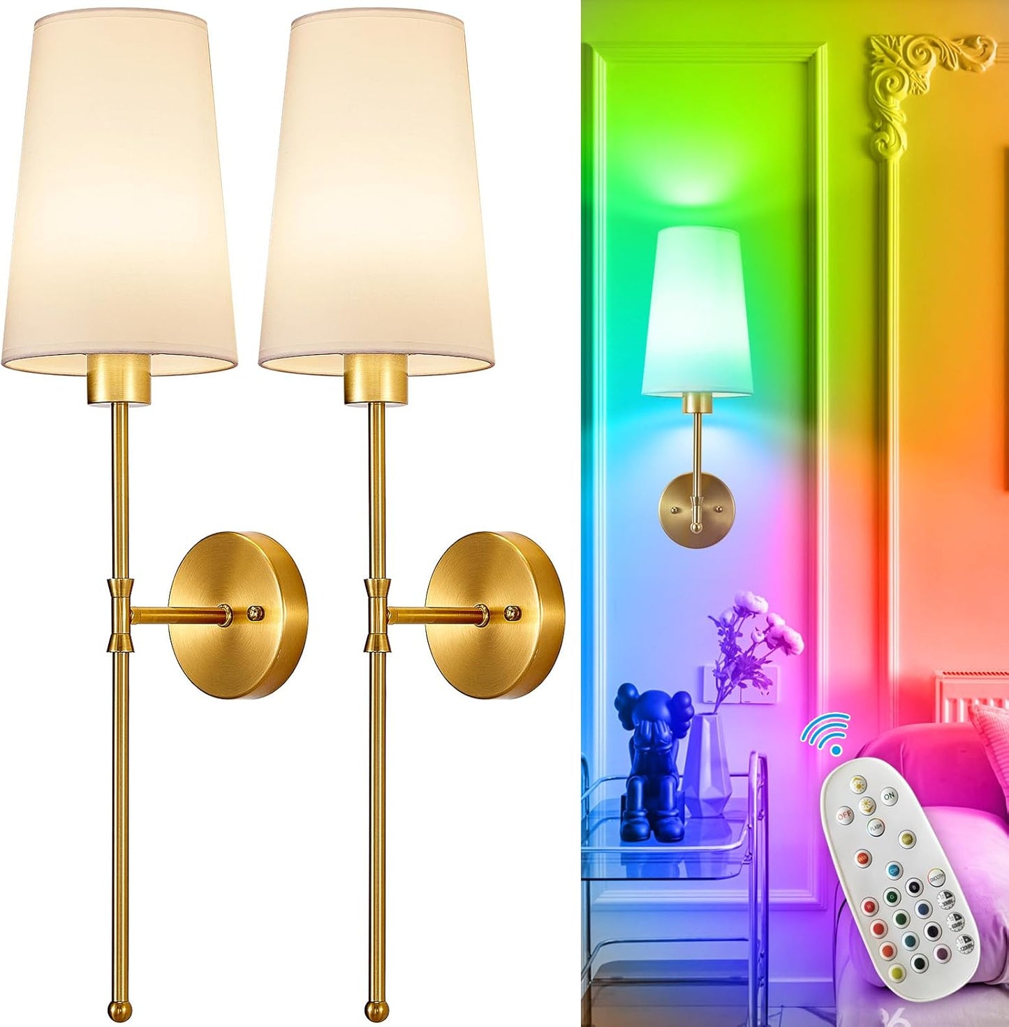 Depuley Battery Operated Wall Sconce: Set of 2 Wireless Wall Lights with 10000mAh Dimmable Bulbs and Remote for Bedroom - Rechargeable 15 Colors Gold Wall Lamp for Living Room Hallway