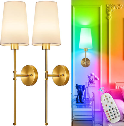 Depuley Battery Operated Wall Sconce: Set of 2 Wireless Wall Lights with 10000mAh Dimmable Bulbs and Remote for Bedroom - Rechargeable 15 Colors Gold Wall Lamp for Living Room Hallway