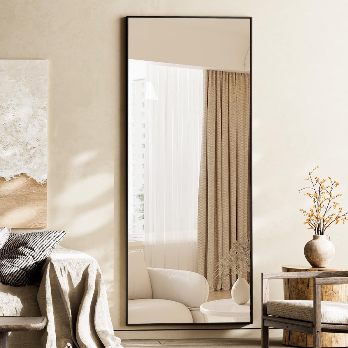 VooBang Mirror Full Length - 21" x 57" Floor Mirror with Stand, Aluminum Alloy Frame Full Body Mirror, Standing Hanging or Leaning Against Wall for Bedroom and Living Room, Black