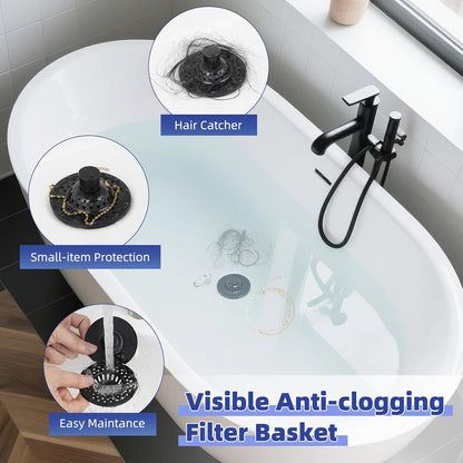 Universal Bathtub Drain Stopper Shower Drain Hair Catcher, Tub Stopper with Visible Top Strainer, Upgraded 3 in 1 Pop-up Drain Plug Fit for 1.5 to 2.4" Hole, Stainless Steel Filter Basket, Chrome