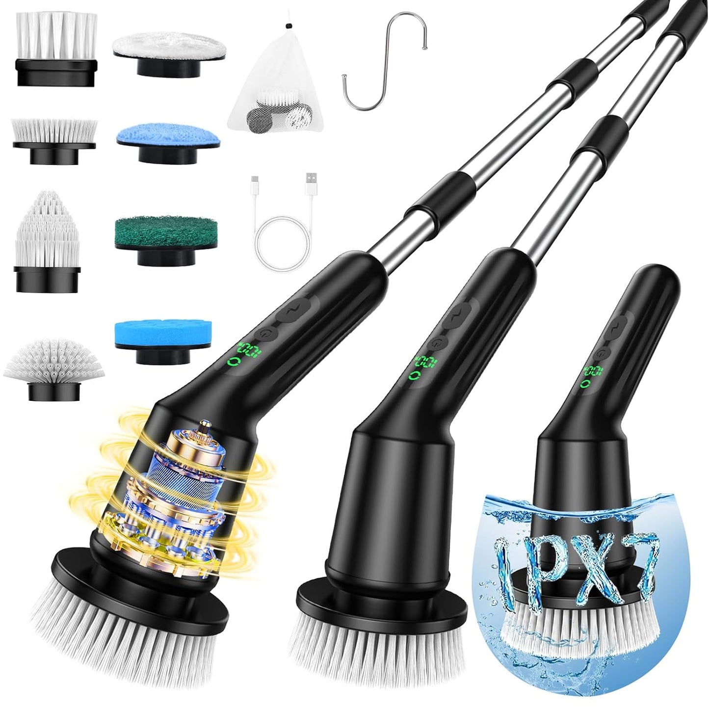 Shower Scrubber with Long Handle, Shower Cleaner Brush with 8 Floor Machine Pads, Cordless Electric Spin Scrubber for Cleaning with 2 Speed, Cleaning Supplies for Bathroom Bathtub Kitchen Floor Tile