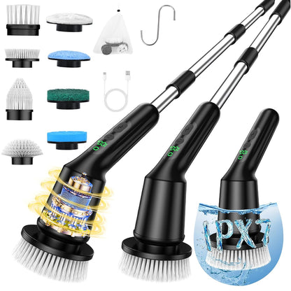 Shower Scrubber with Long Handle, Shower Cleaner Brush with 8 Floor Machine Pads, Cordless Electric Spin Scrubber for Cleaning with 2 Speed, Cleaning Supplies for Bathroom Bathtub Kitchen Floor Tile