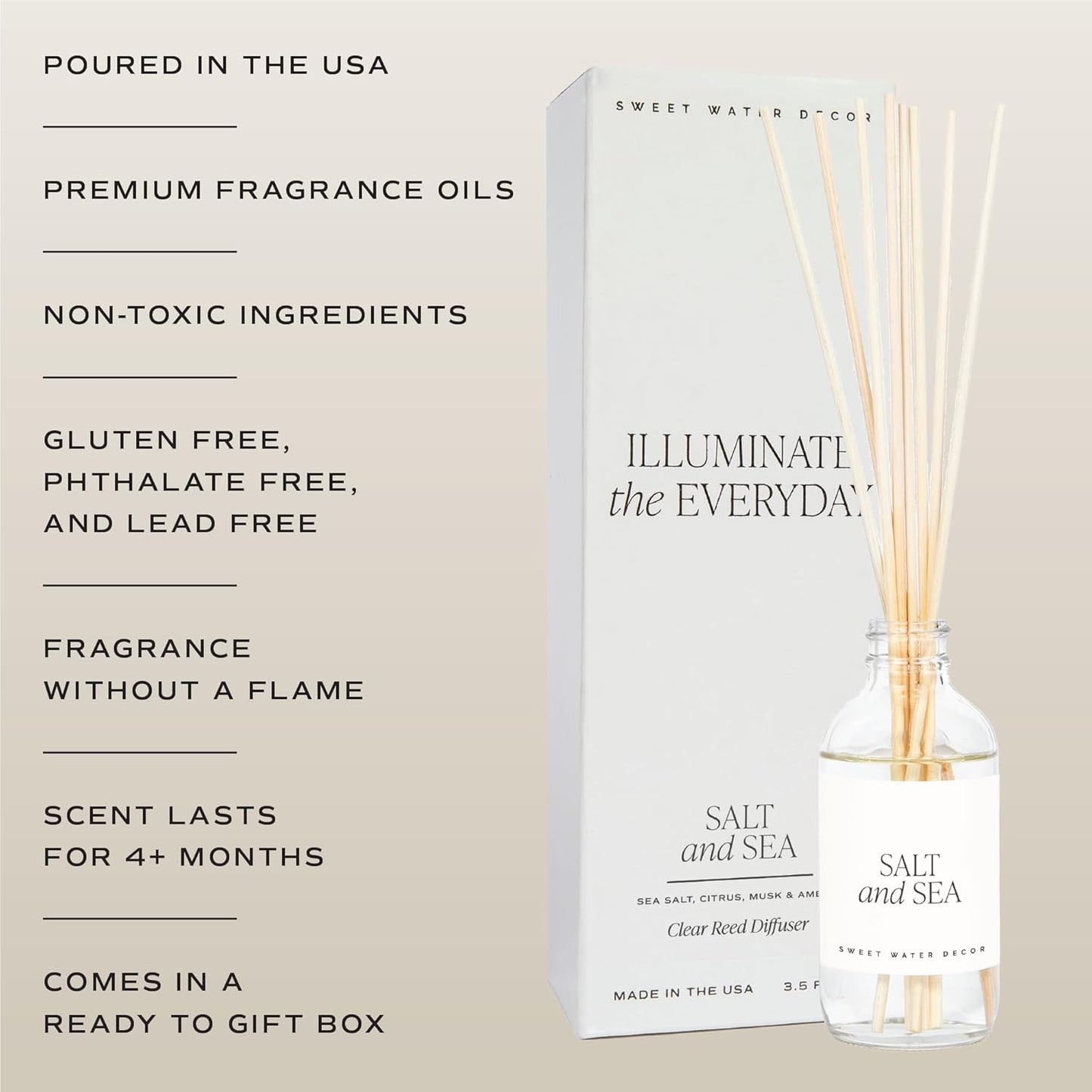 Sweet Water Decor Salt & Sea Reed Diffuser Set - Sea Salt Citrus & Musk Amber Scent Diffuser - Reed Diffusers for Home with Long Lasting Fragrance - Non-Toxic Oil Reed Diffuser - Made in the USA