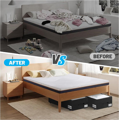 Under Bed Storage with Wheels, 2-Pack 10" Height XXL 75L Rolling Storage Bins, Quick Assembly Underbed Shoe Storage Containers with Clear Lid & Label, Dorm Under Bed Drawers for Clothes, Shoes, Black