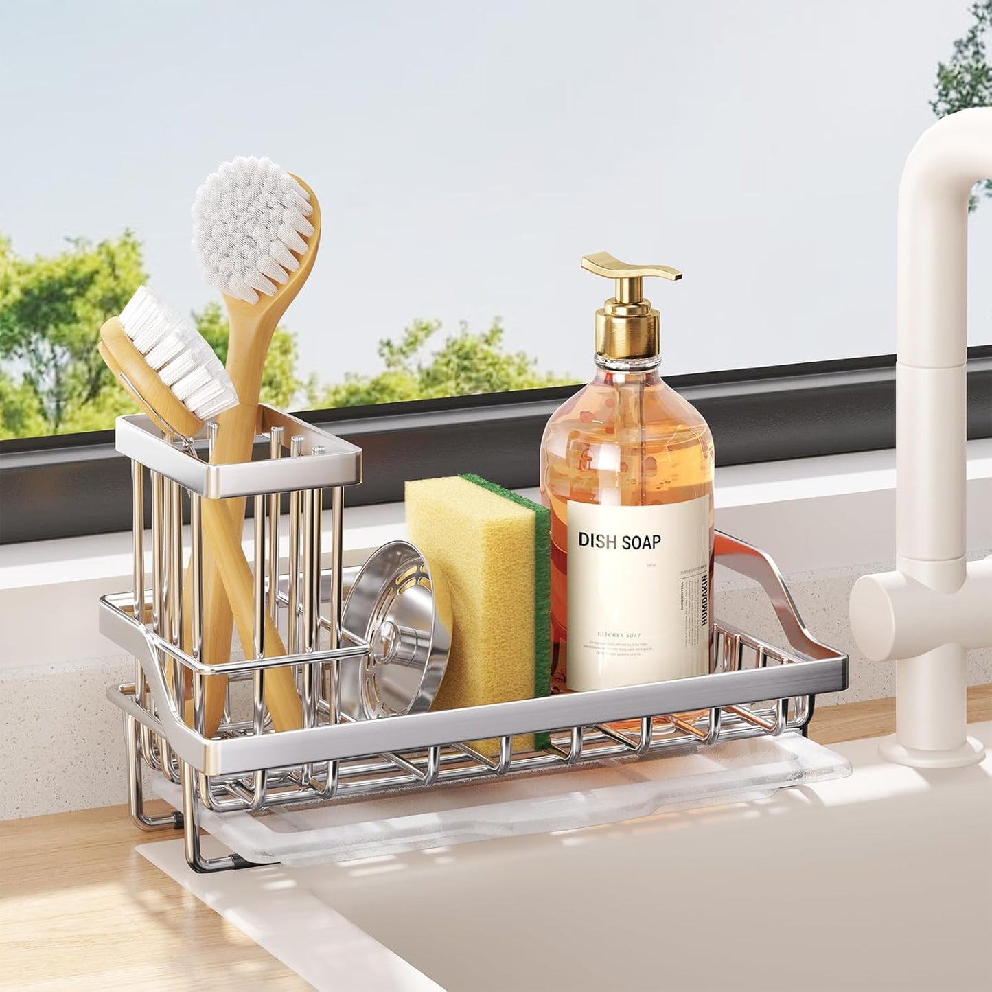 Consumest Sponge Holder for Kitchen Sink - Kitchen Sink Caddy Organizer with Removable Drip Tray for Countertop Dish Soap Dispenser Brush Storage Accessories 304 Stainless Steel - Black