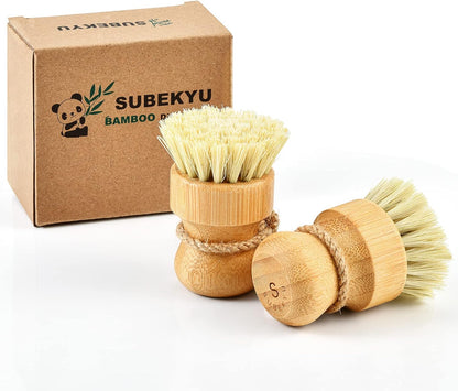 Bamboo Dish Scrub Brushes,Kitchen Wooden Cleaning Scrubbers Set for Washing Cast Iron Pan/Pot, Natural Sisal Bristles, Set of 3
