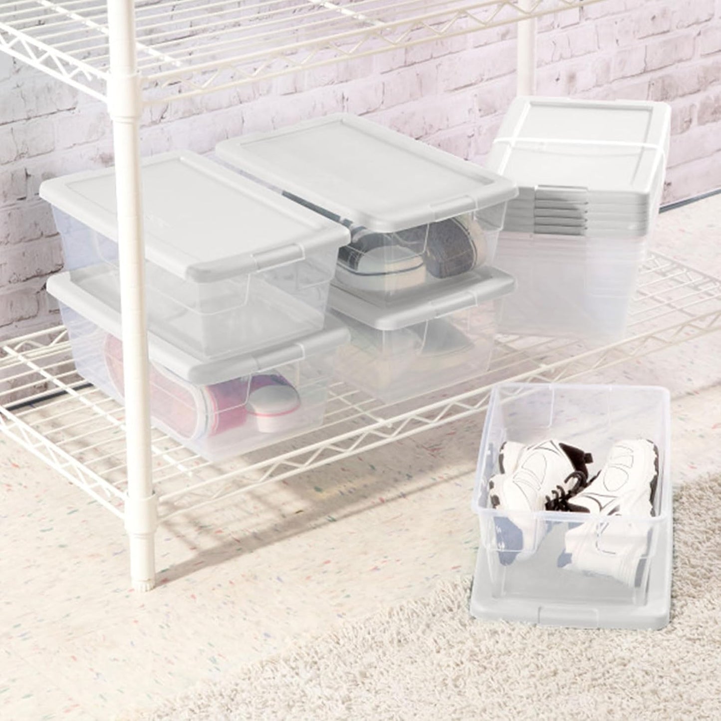 Sterilite 6 Pack Storage Box, 41 Quart Stackable Tote, Clear Plastic Container with Secure Snapping White Lids for Home and Office Organization