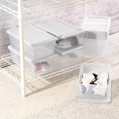 Sterilite 6 Pack Storage Box, 41 Quart Stackable Tote, Clear Plastic Container with Secure Snapping White Lids for Home and Office Organization