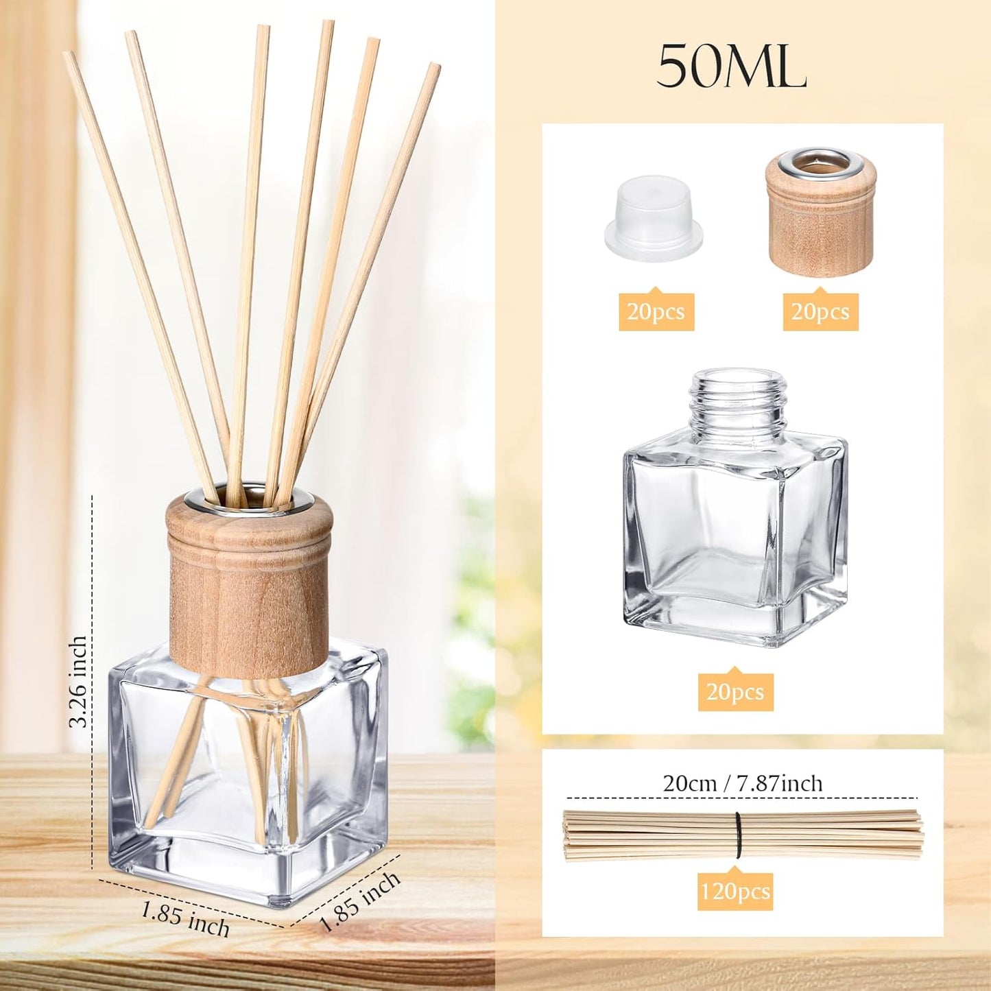 Roshtia 4 Set Reed Diffuser Bottle Empty Refillable Fragrance Glass Diffuser Bottles with Wooden Caps Rattan Sticks 50ml 1.7 oz Glass Jars for DIY Fragrance