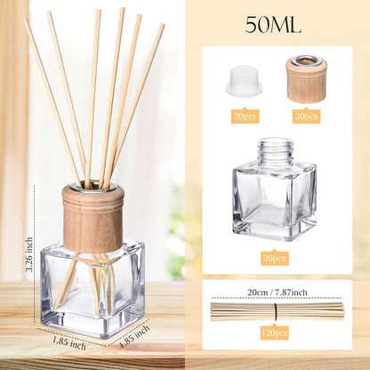 Roshtia 4 Set Reed Diffuser Bottle Empty Refillable Fragrance Glass Diffuser Bottles with Wooden Caps Rattan Sticks 50ml 1.7 oz Glass Jars for DIY Fragrance