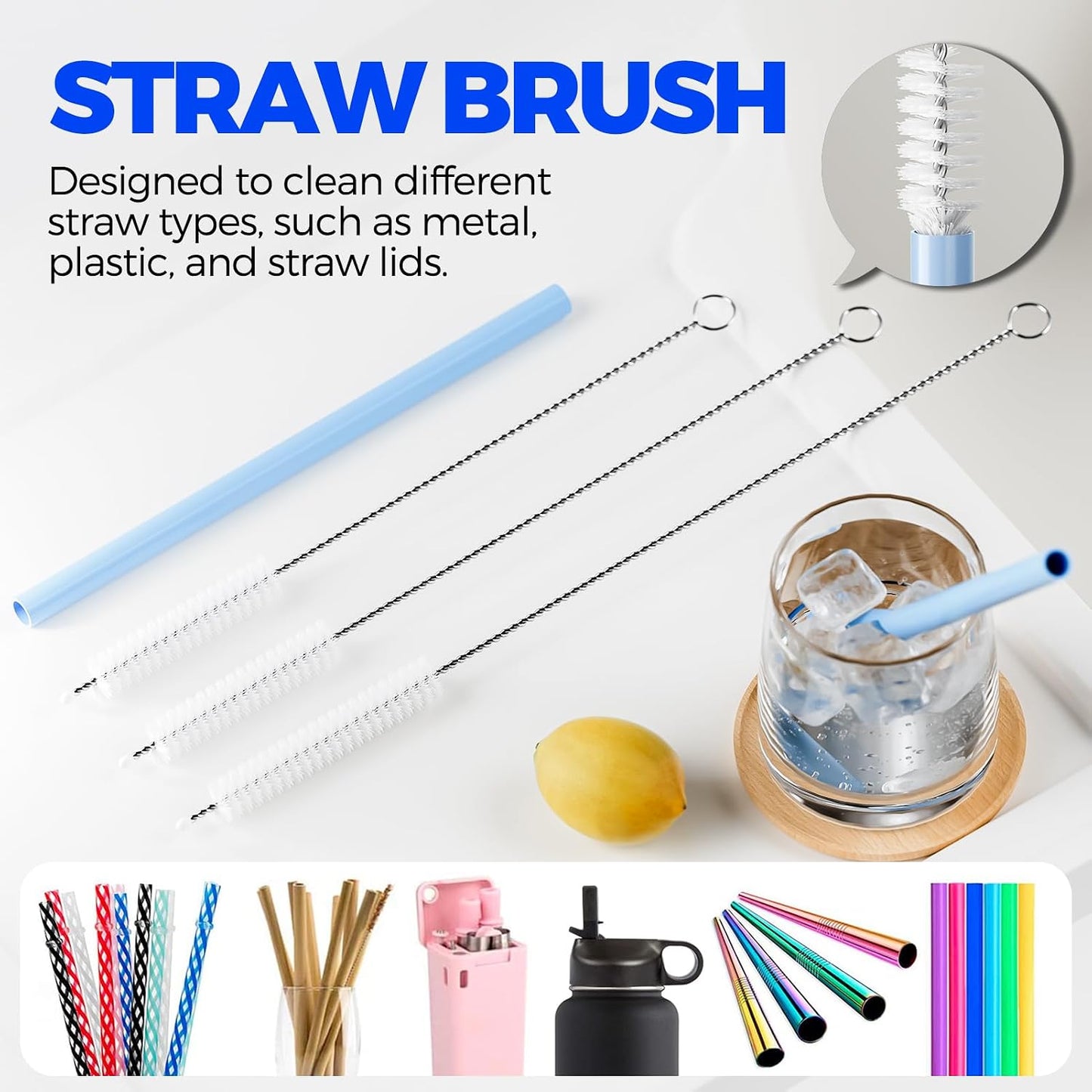 6 Pack Holikme 4 in 1 Cup Lid Cleaning Brush Set with 3 Straws, Multifunctional Bottle Brush, Silicone Cup Lid Gap Cleaner, Bristle Crevice Cleaning Brush, Flat End Brushes, Navy & Black & Olive