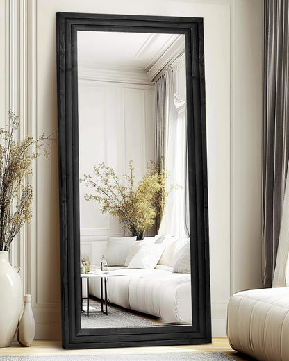 Full Length Mirror 65"x22" with Stand Solid Wood Frame Floor Large Mirror for Living Room, Bedroom Hanging Standing or Leaning Wall-Mounted, New Black