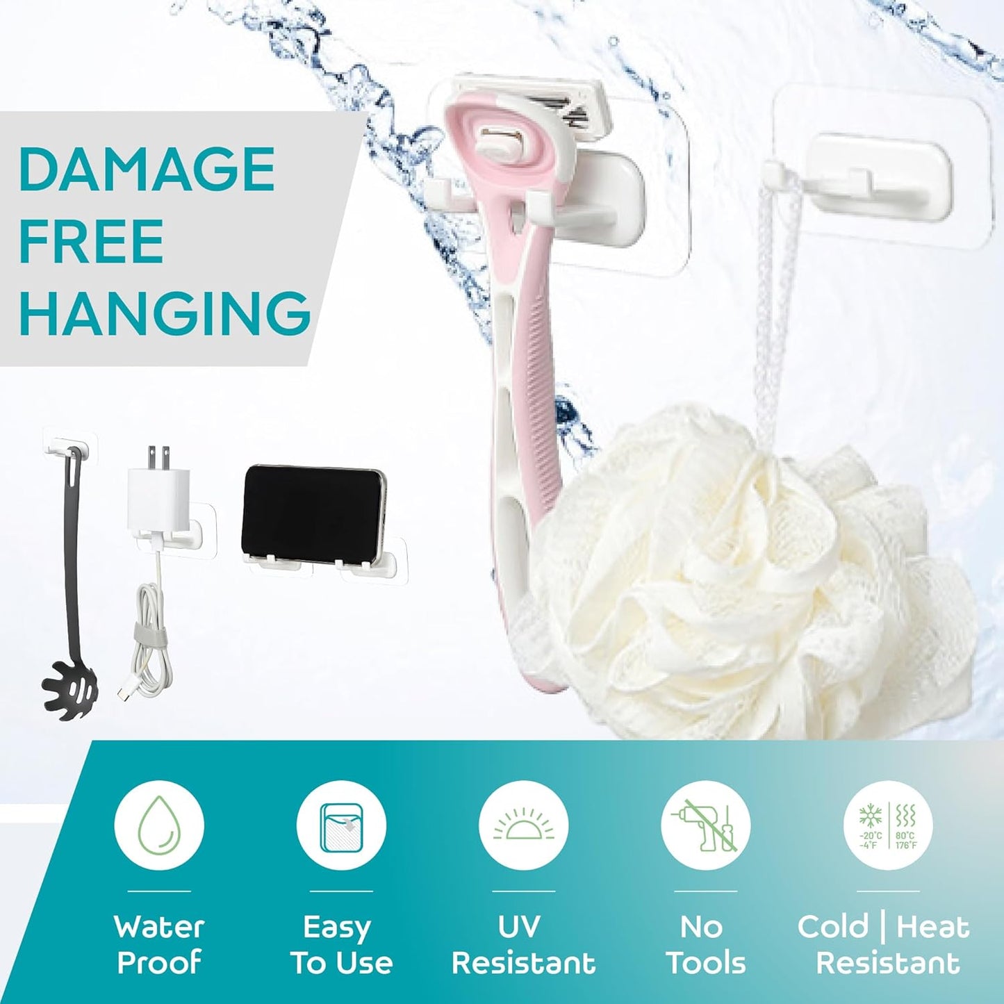 Hook LAB Strong Adhesive Shower Razor Holder, 2-Pack Waterproof Wall Hooks for Bathroom, Reusable & Removable No-Drill Hook for Razors, Towels & Accessories – Works on Tile, Glass & Metal - Black