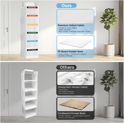 Weekly Clothes Organizer for Kids, 5-Shelf Kid Hanging Closet Organizer w/ 6 Side Pockets, Labeled Weekly Outfit Organizer for Kids, Days of The Week Clothes Organizer Monday Through Friday White