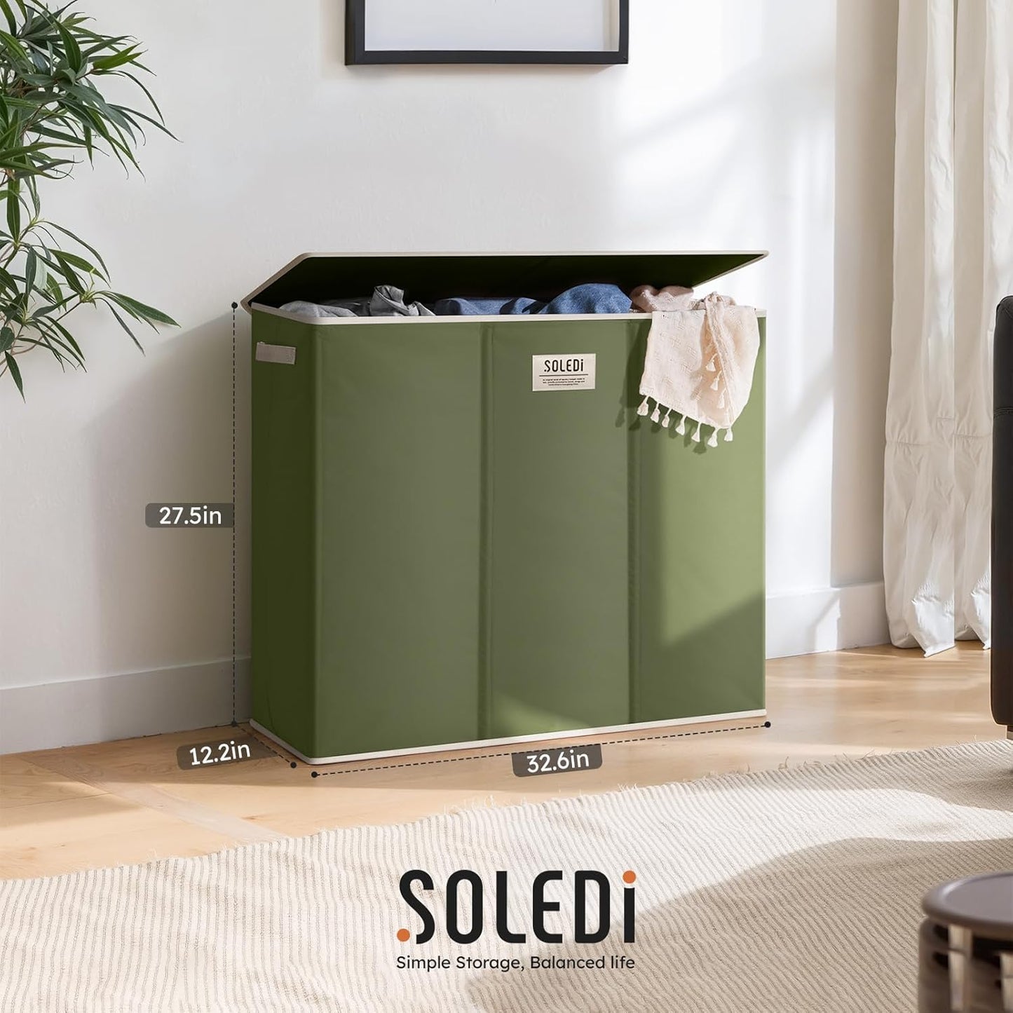 SOLEDI 180L Laundry Hamper 3 Section, Extra Large Laundry Hamper with Lid, Dirty Clothes Hamper with Sturdy Handle, Large Laundry Basket Organizer for Laundry Room, Bedroom, Hampers for Laundry