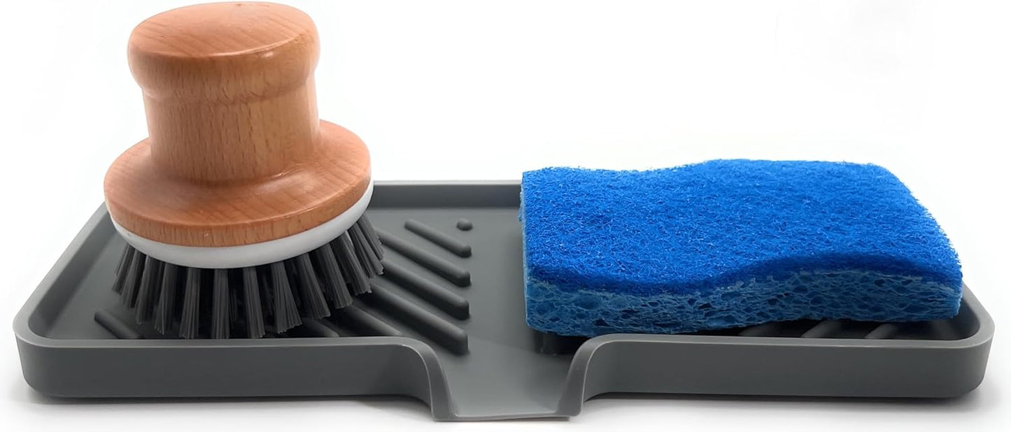 Silicone Soap Dish Tray and Sponge Holder with Drain Chute and Feet | 3-Way Sloped Design | Bathroom and Kitchen Sink Organizer Caddy (Black, 10"x4", 7.8 Ounces)