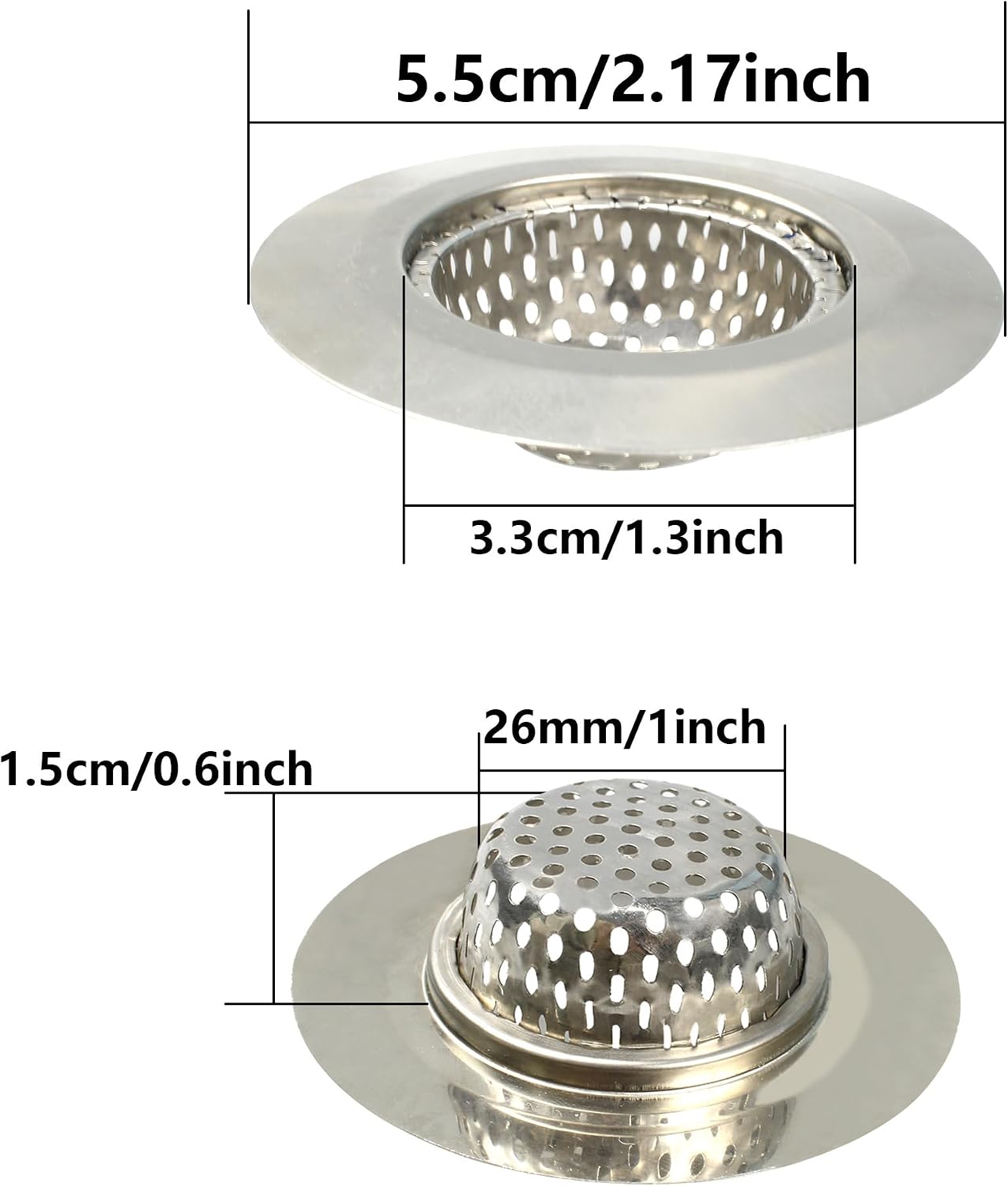 2PCS Kitchen Sink Strainers, 3" Top/1.5" Basket, Stainless Steel Bathtub Drain Strainer, Shower Hair Drain Catcher, Drain Filter Basket