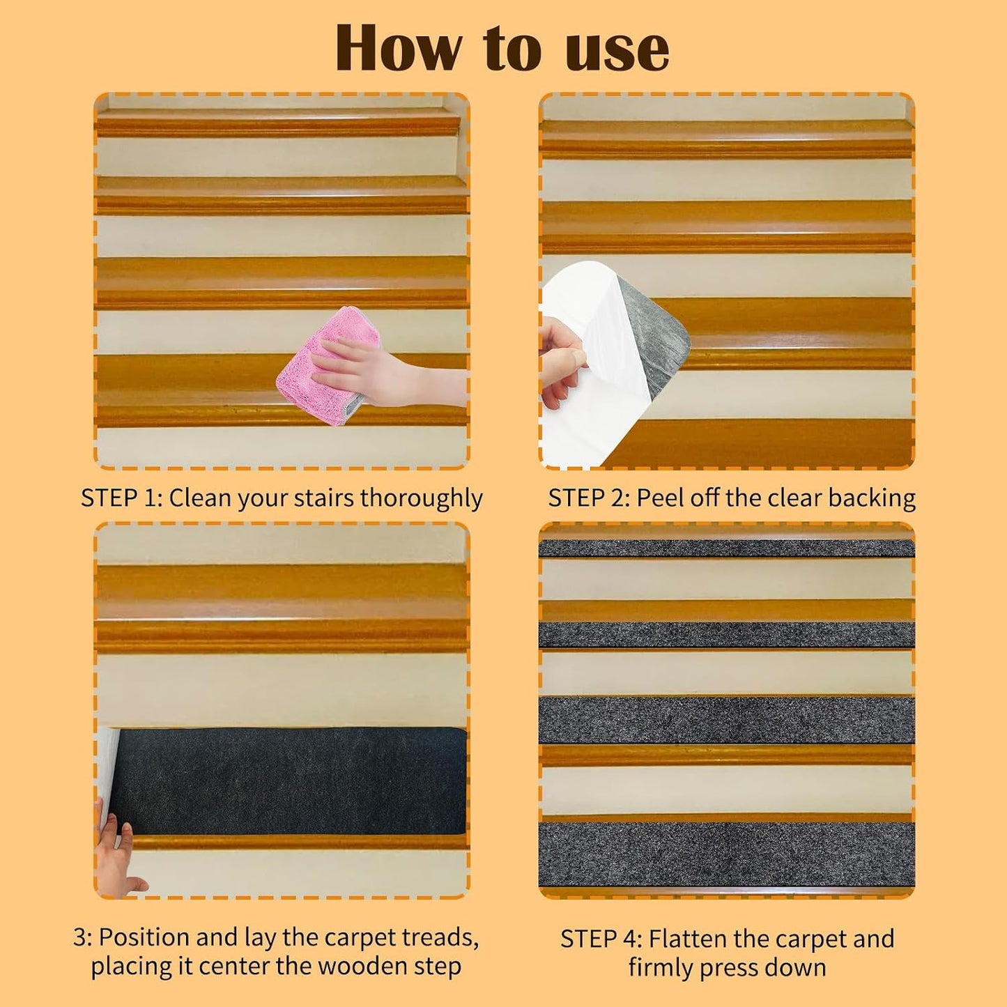 10 Pack Non-Slip Stair Treads for Wooden Steps, 6''x30'' Stair Carpet Treads Outdoor, Peel and Stick Stair Treads, Indoor Stair Runner Mats for Kids Elders & Pets with Reusable Adhesive