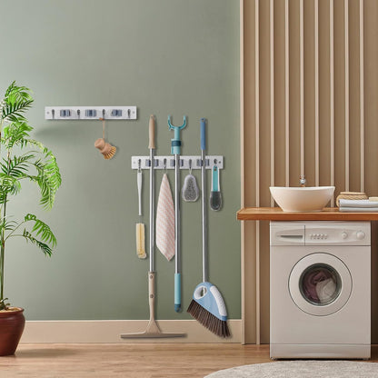 OUTNILI Mop and Broom Holder Wall Mount - Wood Broom Mop Hanger - Wall Mounted Garden Tool Rack Organizer for Closet Garage Laundry Room for Rustic Kitchen Decor With 5 Slots & 4 Hooks