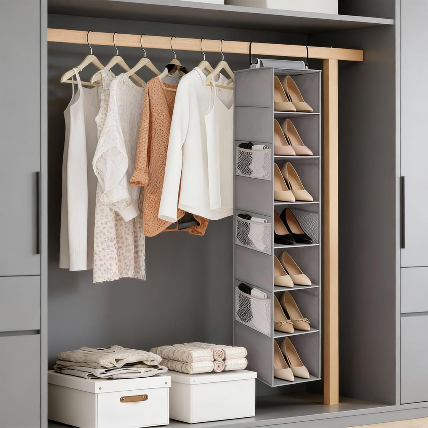 Hanging Shoe Organizer for Closet with 8 Shelves,Mesh Pockets-Wider Hanging Shelves for Shoes,Clothes,Hats with Sturdy Bamboo-Supported Design (Beige)