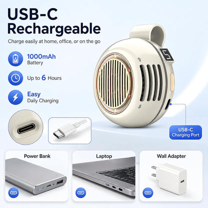 Portable Clip on Fan, Bladeless Waist Clip Fan with 5 Speeds, USB-C Rechargeable Mini Quiet Fan, LED Display, 1000mAh Battery, 82g Lightweight, Up to 6 Hours for Outdoor Office Travel Sports, Beige
