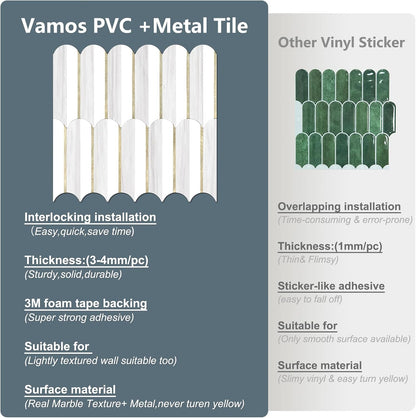 Vamos Peel and Stick Backsplash Seamless Tile for Kitchen and Bathroom,White and Beige Slate PVC Mixed Light Gold Self Adhesive Fish Scale Metal Mosaic Tiles (10 Sheets)