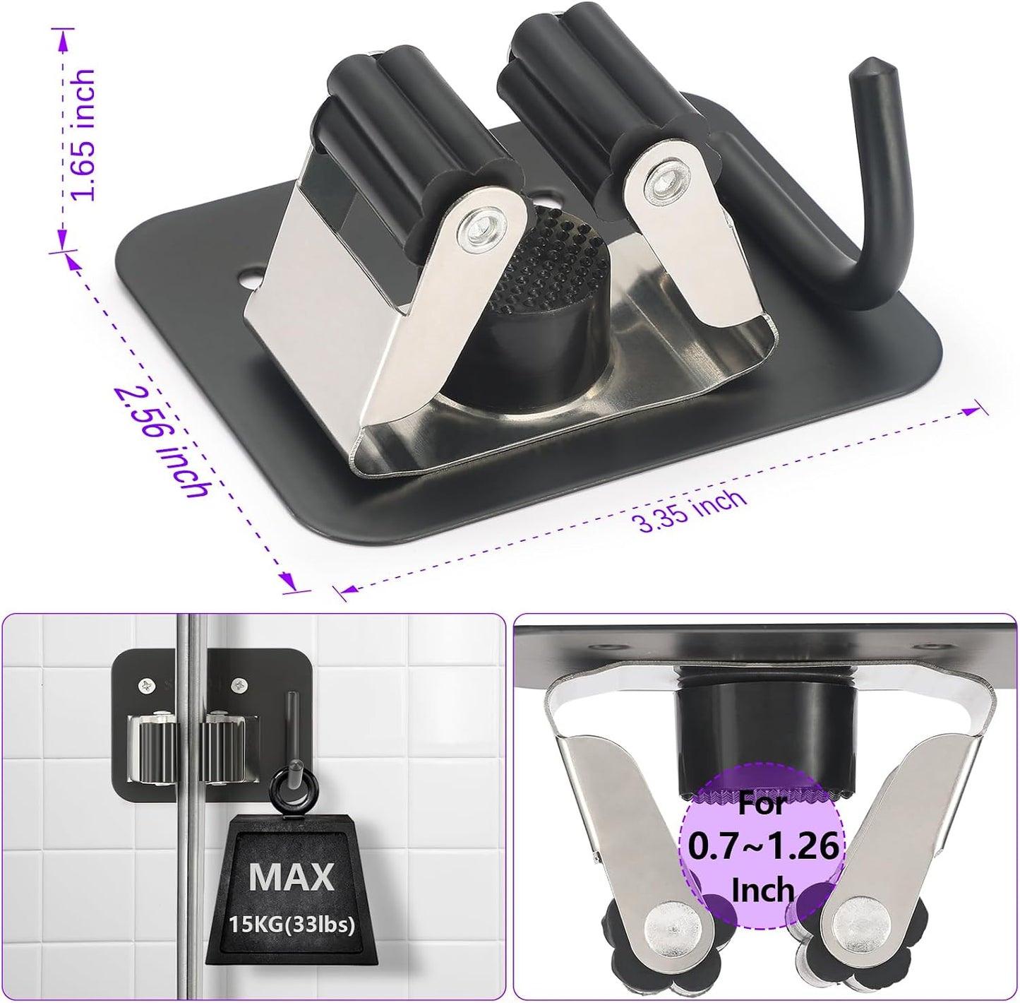 Stainless Steel Broom Holder, Heavy Duty, Rust Resistant, 4 Gripper Positions with 4 Hooks, Black