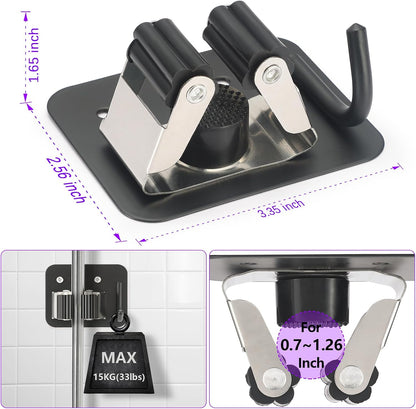 Stainless Steel Broom Holder, Heavy Duty, Rust Resistant, 4 Gripper Positions with 4 Hooks, Black