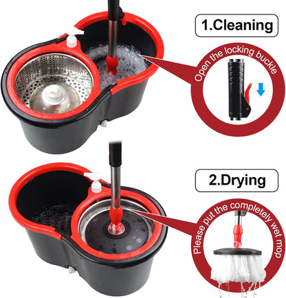 Spin Mop and Bucket with Wringer Set, 360° Spinning Mop Bucket System with 3 Microfiber Mop Replacement Heads, Adjustable Handle for Floor Cleaning (Green)