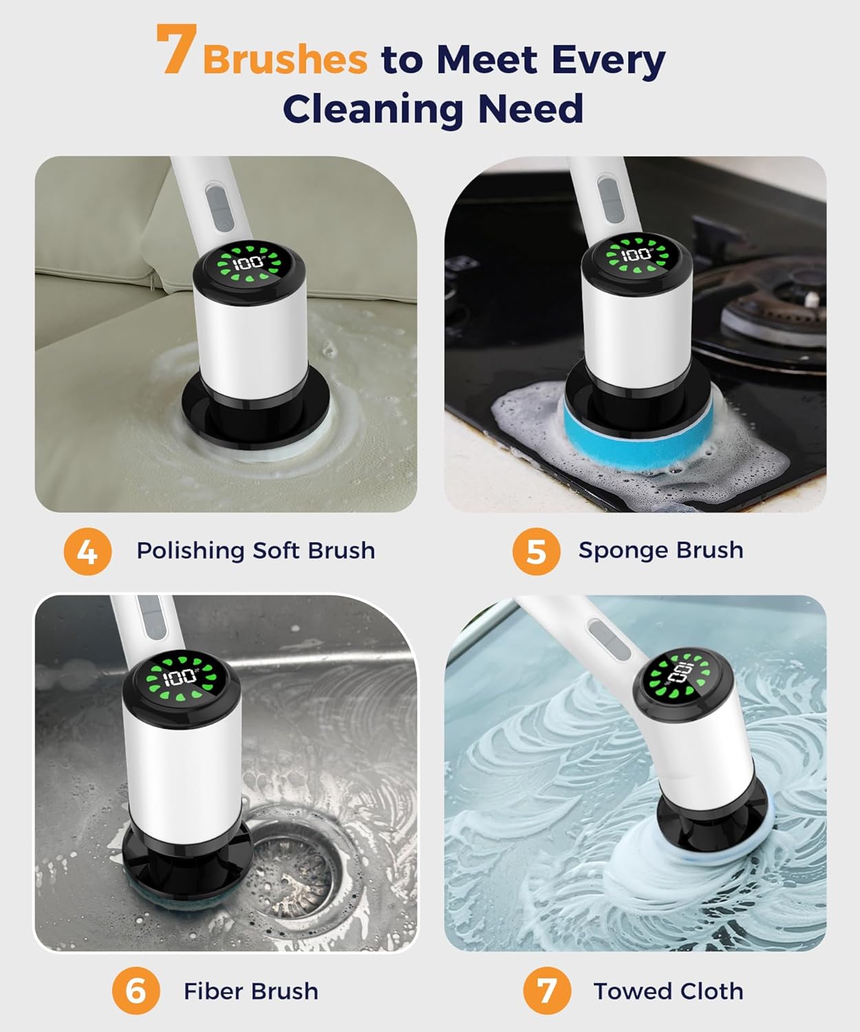 Electric Spin Scrubber, Cordless Floor Scrubber Machine with Interchangeable Cleaning Pads, IPX7 Waterproof 2-Speed Cleaning Pads for Bathroom, Kitchen, Tile, Tub and Floor Cleaning, White-qb2